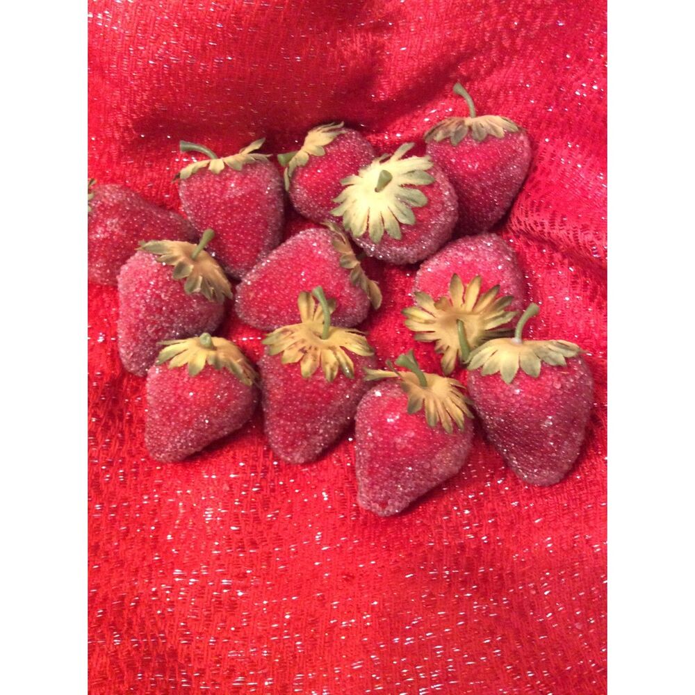 Vintage Lot 12 Pieces Sugar Frosted Beaded Strawberries Faux Fruit Decor Country